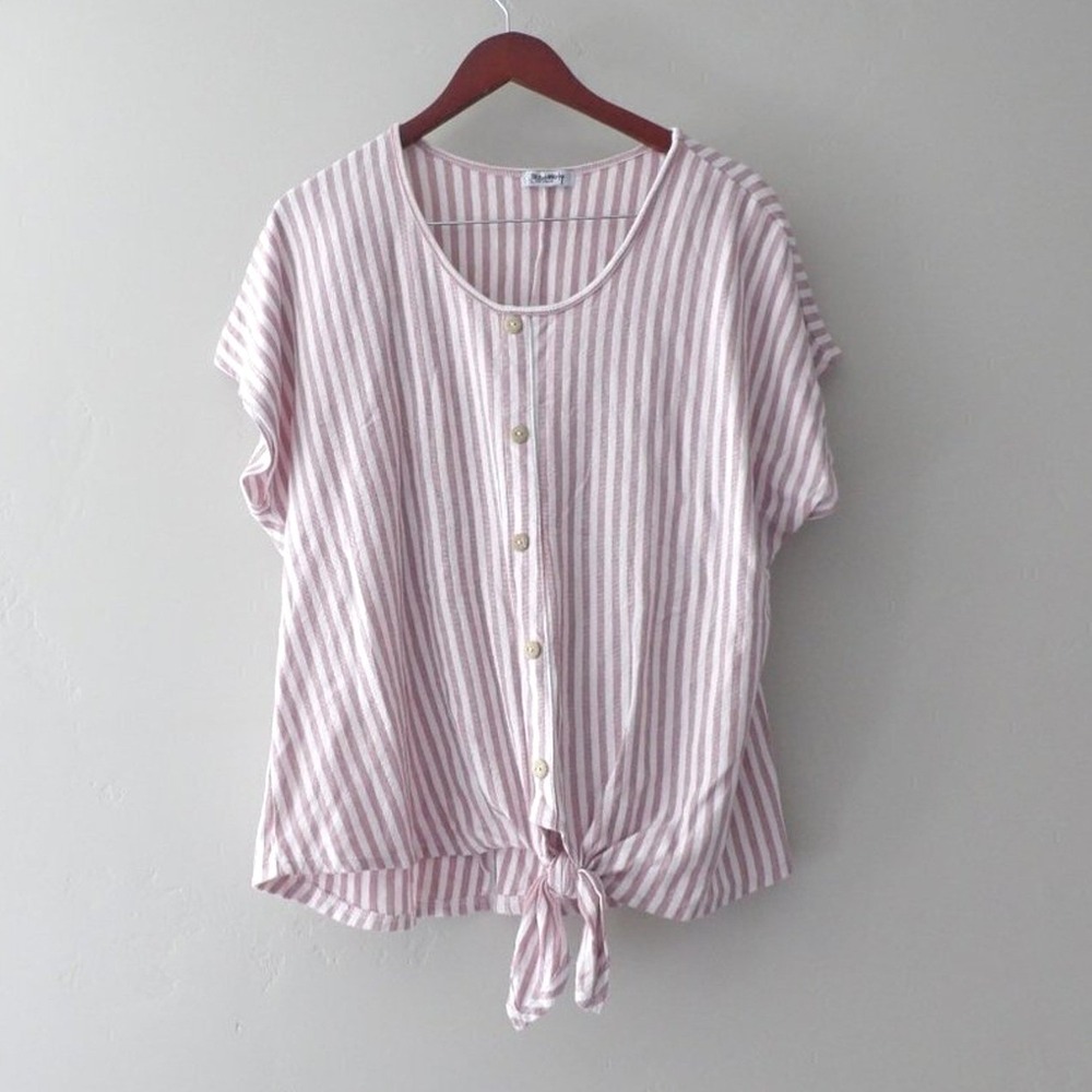 Stitch Wurks Pink White Stripe Tie Front Top Womens Casual Summer‎ Blouse